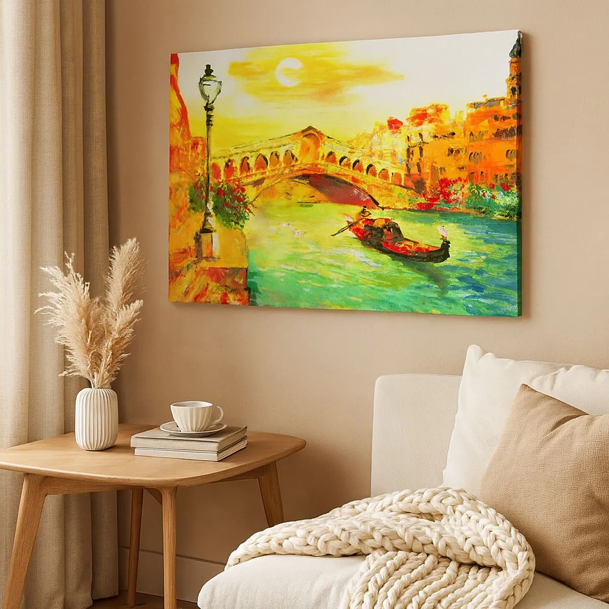 Canvas picture - A picturesque bridge over the canal with a gondola in the light of the setting sun - 70x50cm - Pilgrimage of Lovers - Modern wall decoration for the living room and bedroom ARTTOR