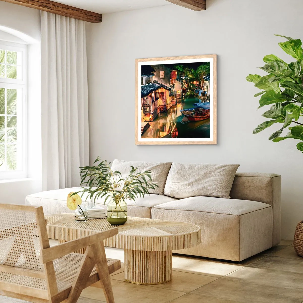Poster in light oak frame - Evening on a Chinese Street - 40x40 cm