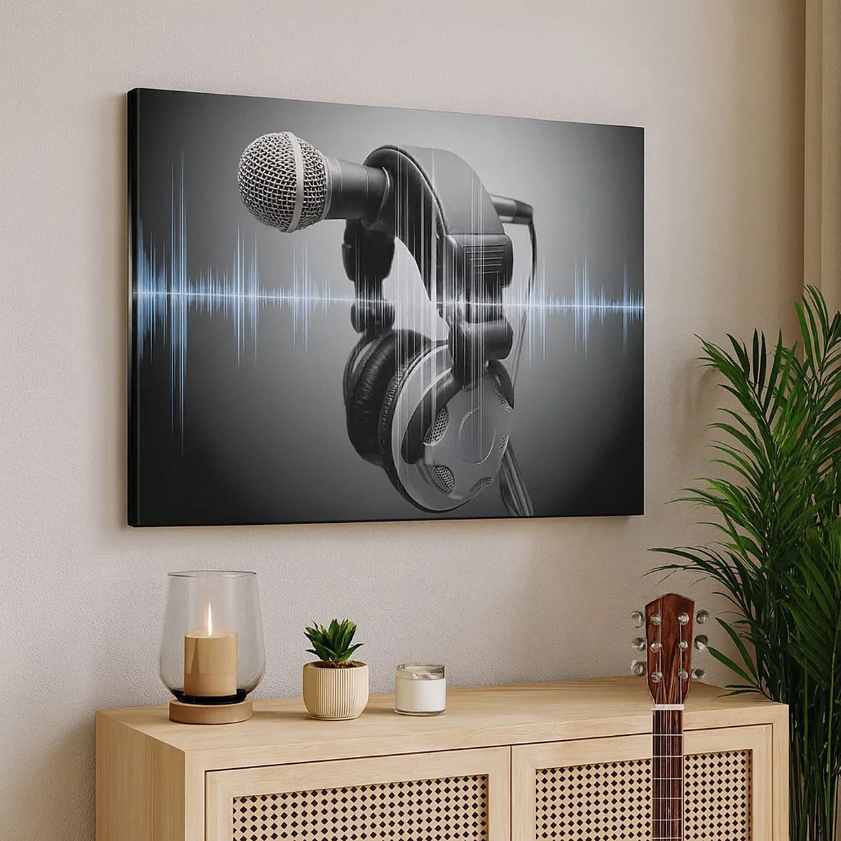 Canvas picture - Microphone and headphones with sound wave visualization in the background - 70x50cm - You Can Still Hear the Singing - Modern wall decoration for the living room and bedroom ARTTOR