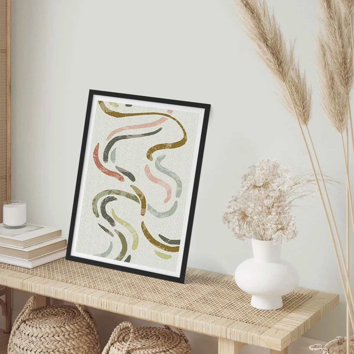 Poster in black frame - Abstract wavy lines in natural shades - 50x70cm - Cheerful Dance of Abstraction - Modern wall decoration for the living room and bedroom ARTTOR