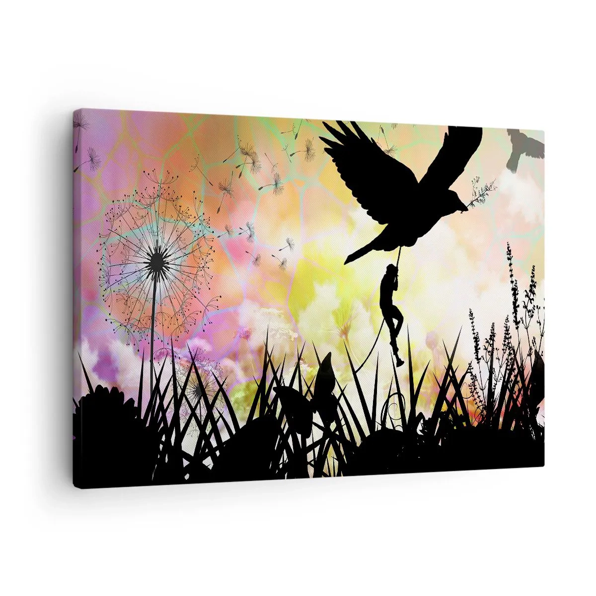 Canvas picture - Nature silhouette with a bird and a dandelion - 70x50cm - In Fairytale Climate - Modern wall decoration for the living room and bedroom ARTTOR