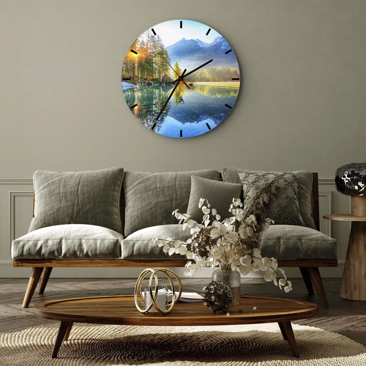 Wall clock - Clock on glass - Mountain lake at dawn with reflections of trees and peaks - 30x30cm - Majesty and Sweetness - Modern wall decoration for the living room, kitchen, and bedroom ARTTOR