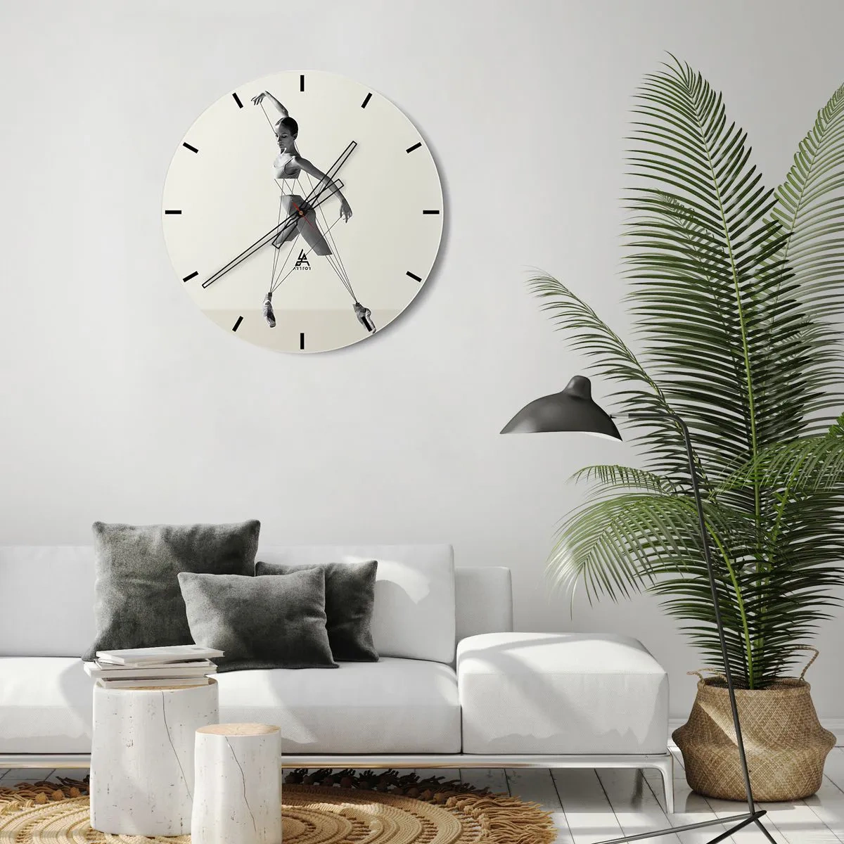 Wall clock - Clock on glass - A black and white ballerina stylized as a puppet on a light background. - 30x30cm - In the Theatre of the World - Modern wall decoration for the living room, kitchen, and bedroom ARTTOR