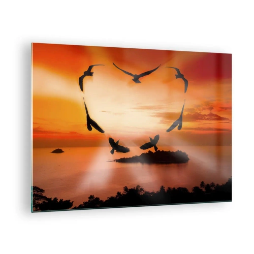 Glass picture - Birds forming a heart against the backdrop of a sunset - 70x50cm - Love the World Like Birds - Modern wall decoration for the living room and bedroom ARTTOR