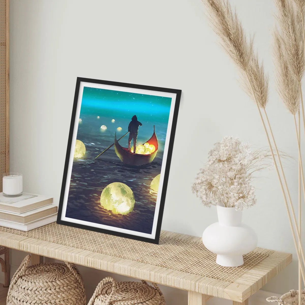 Poster in black frame - A figure on a boat surrounded by luminous balls on the water - 50x70cm - Things that Philosophers Did Not Dream About - Modern wall decoration for the living room and bedroom ARTTOR