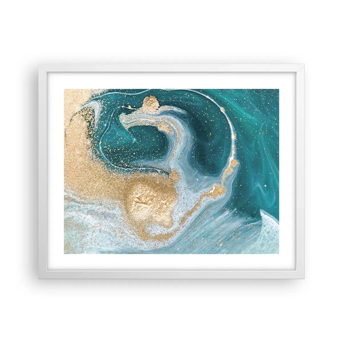 Poster in white frmae - Swirl of Gold and Turquiose - 50x40 cm