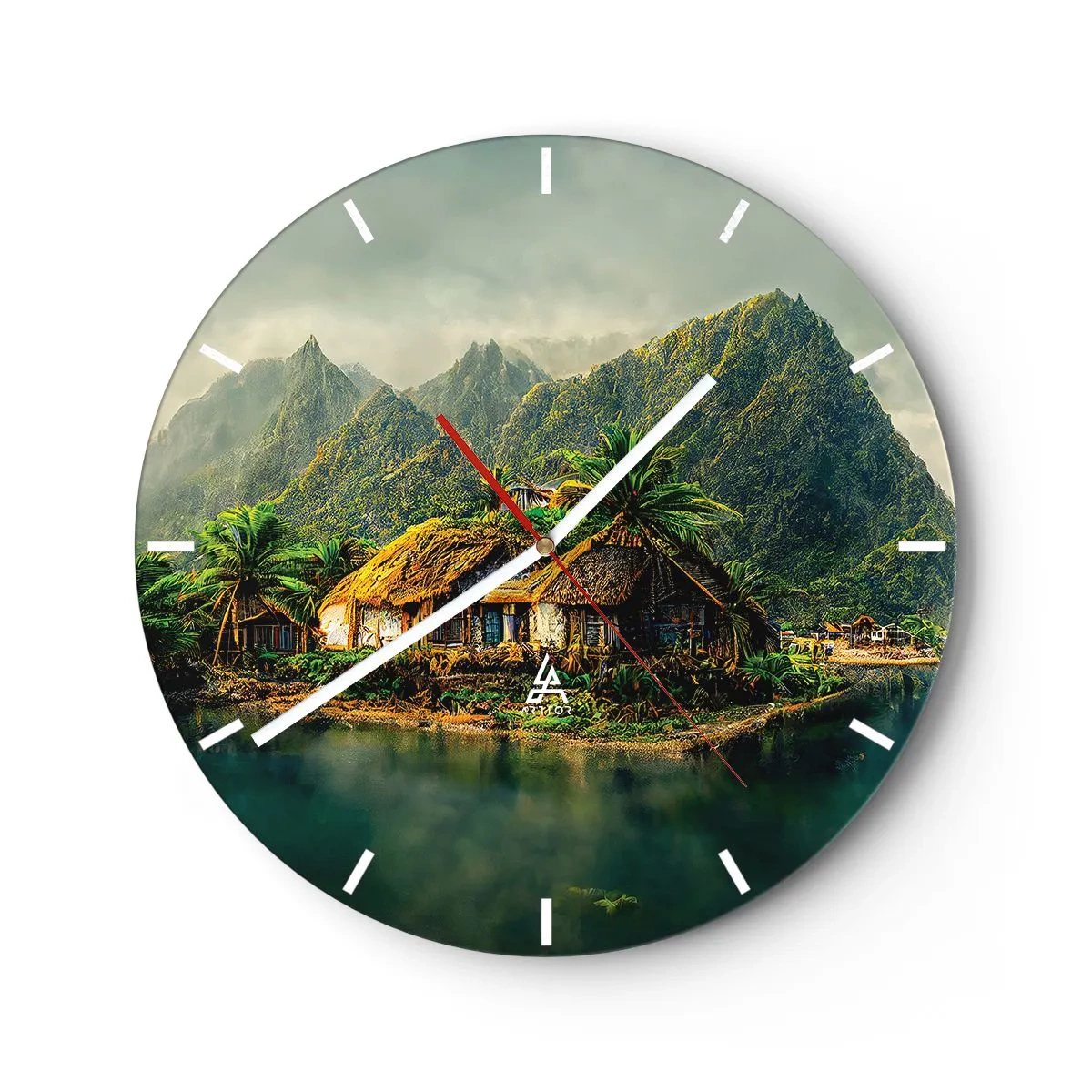 Wall clock - Clock on glass - Palm tree huts over the water surrounded by tropical mountains - 30x30cm - Tropical Paradise - Modern wall decoration for the living room, kitchen, and bedroom ARTTOR