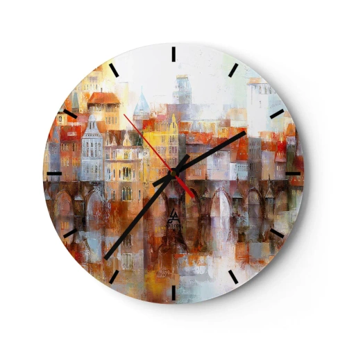 Wall clock - Clock on glass - A picturesque city with a bridge and reflection in the water - 30x30cm - Under The Bridge It Is Also Pretty - Modern wall decoration for the living room, kitchen, and bedroom ARTTOR