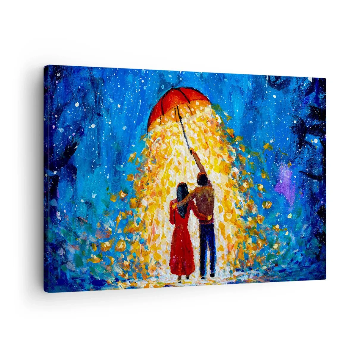 Canvas picture - A couple under a red umbrella in the luminous rain - 70x50cm - Magic of a Rainy Evening? - Modern wall decoration for the living room and bedroom ARTTOR