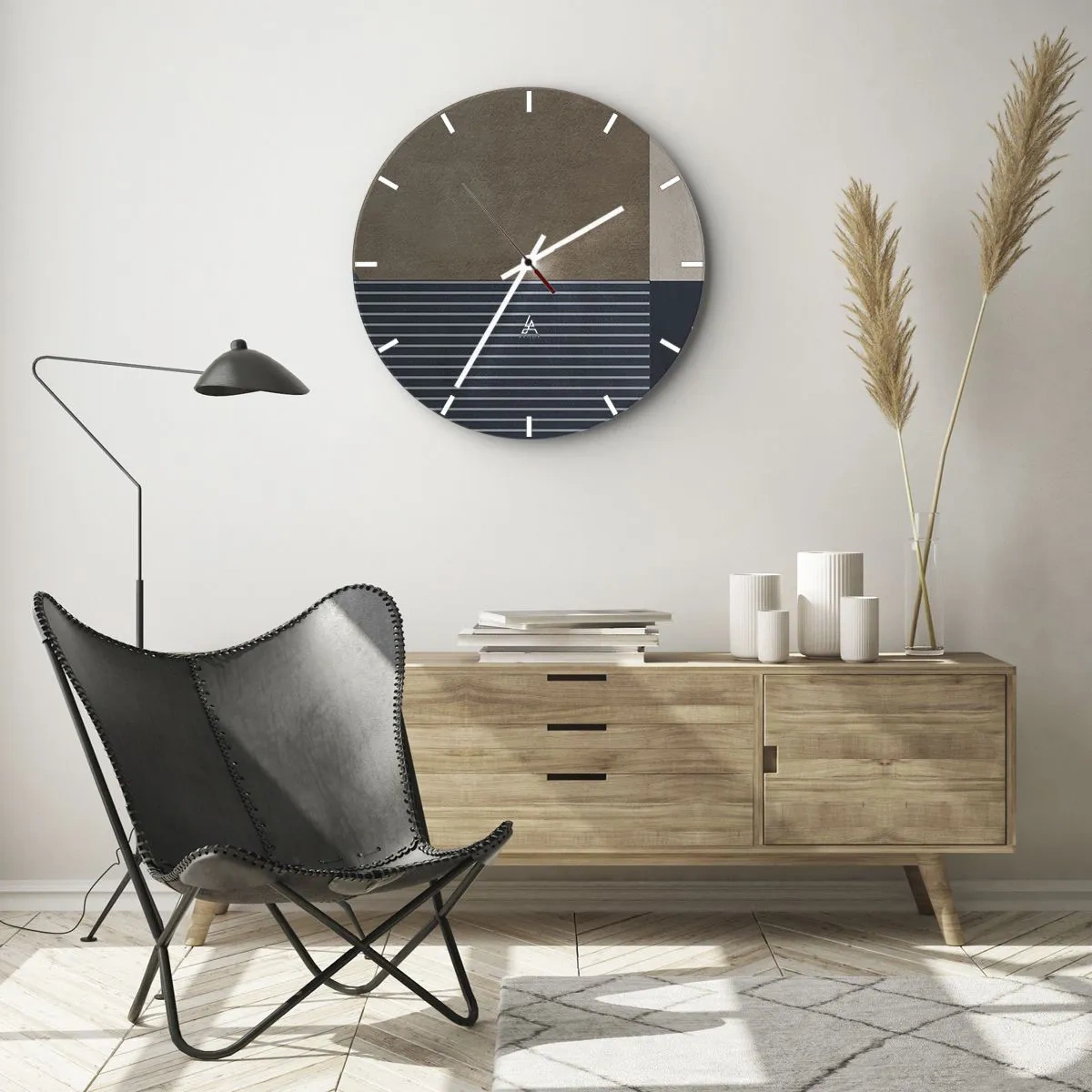 Wall clock - Clock on glass - Composition of Simplicity and Curvature - 30x30 cm