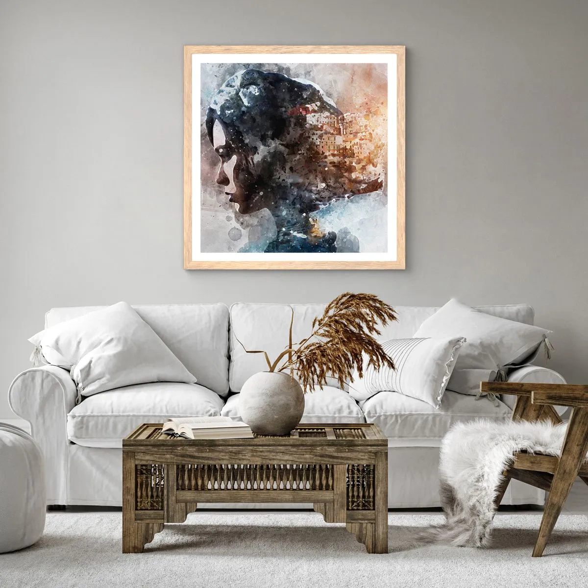 Poster in light oak frame - Tale about a Girl with a City in the Background - 30x30 cm
