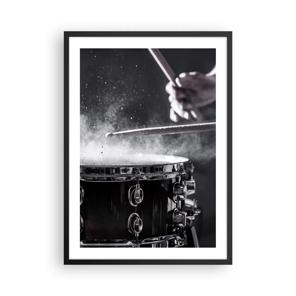 Poster in black frame - Drums struck with sticks with a powder spray effect - 50x70cm - Pulse of Music - Modern wall decoration for the living room and bedroom ARTTOR