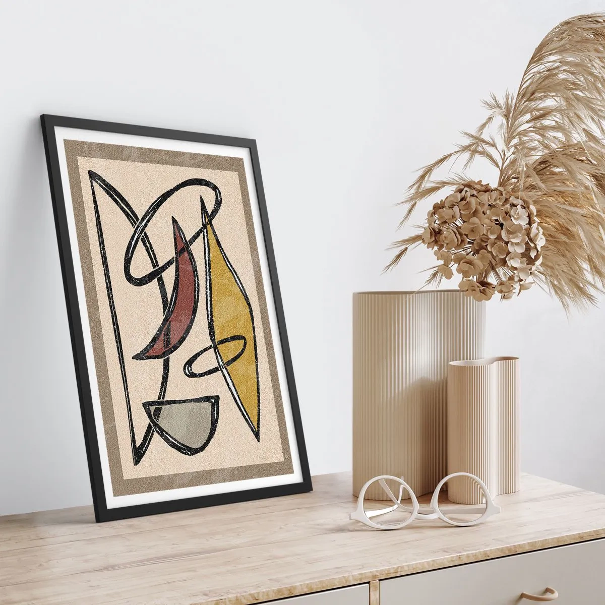 Poster in black frame - Geometric abstraction in shades of beige and brown - 50x70cm - Verticals and Horizontals - Modern wall decoration for the living room and bedroom ARTTOR