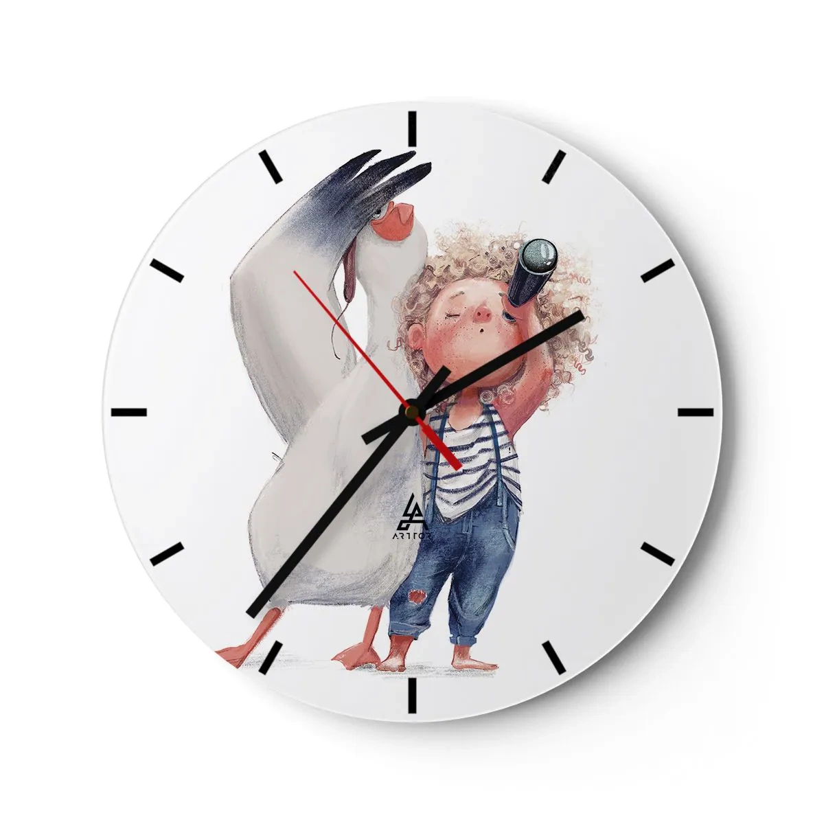 Wall clock - Clock on glass - A child with binoculars and a large bird on a white background - 30x30cm - Plan of a Great Journey - Modern wall decoration for the living room, kitchen, and bedroom ARTTOR