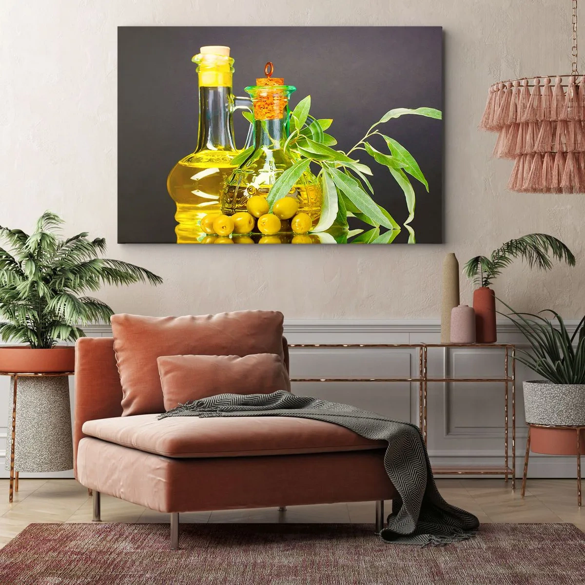 Canvas picture - Bottles of olive oil and olive tree branches - 70x50cm - Still Life with Olives and Olive Oil - Modern wall decoration for the living room and bedroom ARTTOR