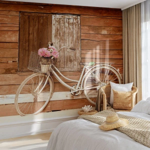 Photo Wallpaper Premium Sand - Be Right Back - Bicycle, Flowers, Wooden house - 450x315 cm