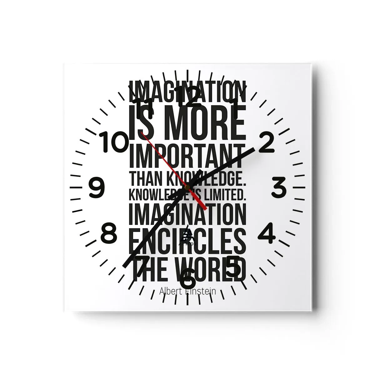 Wall clock - Clock on glass - Einstein about Power of Imagination - 40x40 cm