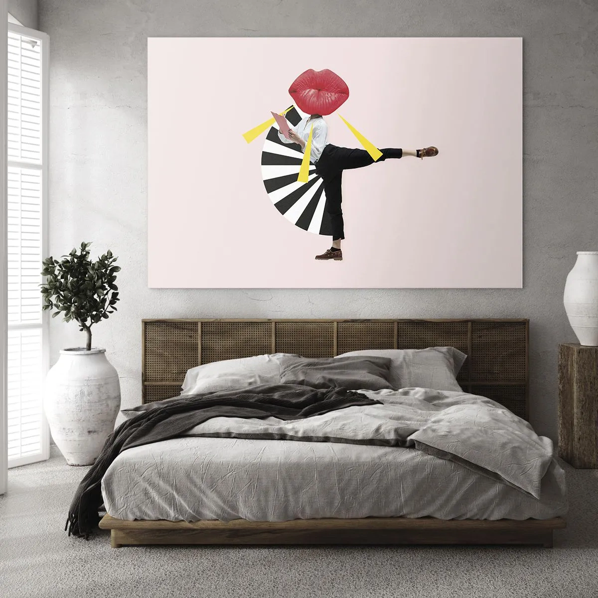 Glass picture - A surreal pop art composition featuring a character with a big mouth against a pink background. - 70x50cm - Surrealistic Pop-Art. - Modern wall decoration for the living room and bedroom ARTTOR