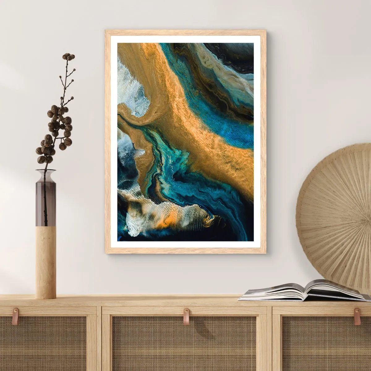 Poster in light oak frame - Blue -Yellow - Mutal Influences - 70x100 cm