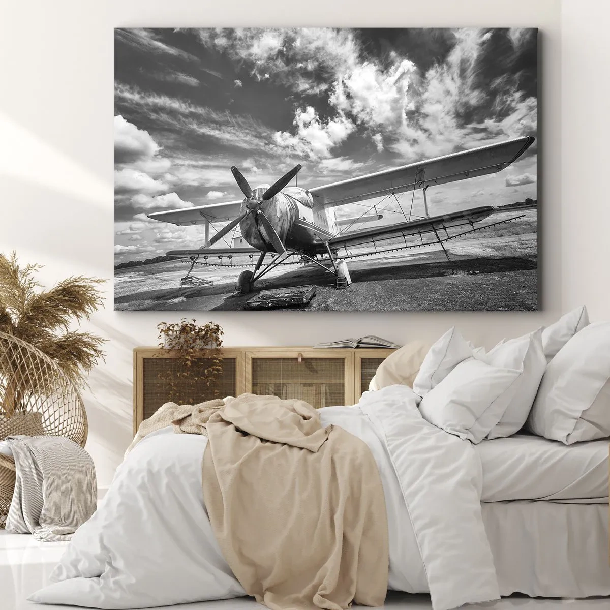 Canvas picture - An old plane at the airport in black and white - 70x50cm - I Can't Wait! - Modern wall decoration for the living room and bedroom ARTTOR