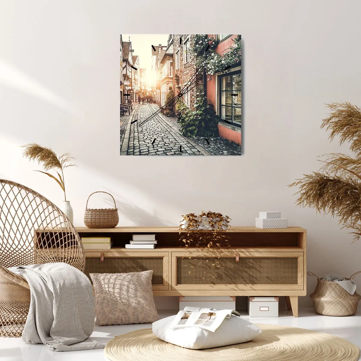 Wall clock - Clock on glass - Rosy Alley in a Pink Glow - 30x30 cm