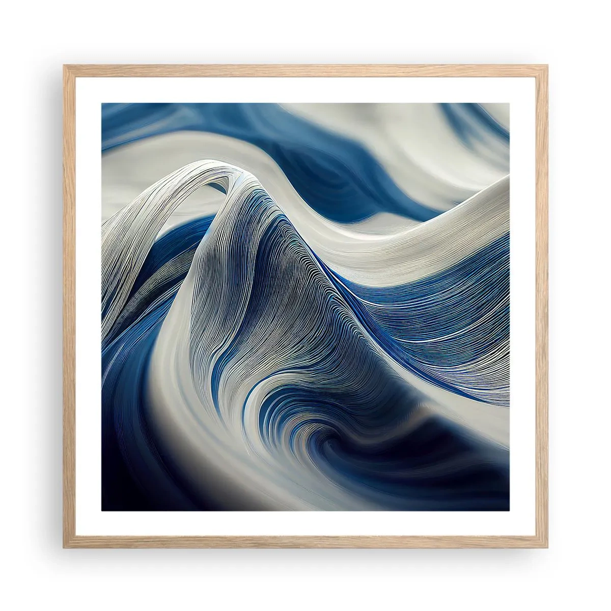 Poster in light oak frame - Fluidity of Blue and White - 60x60 cm