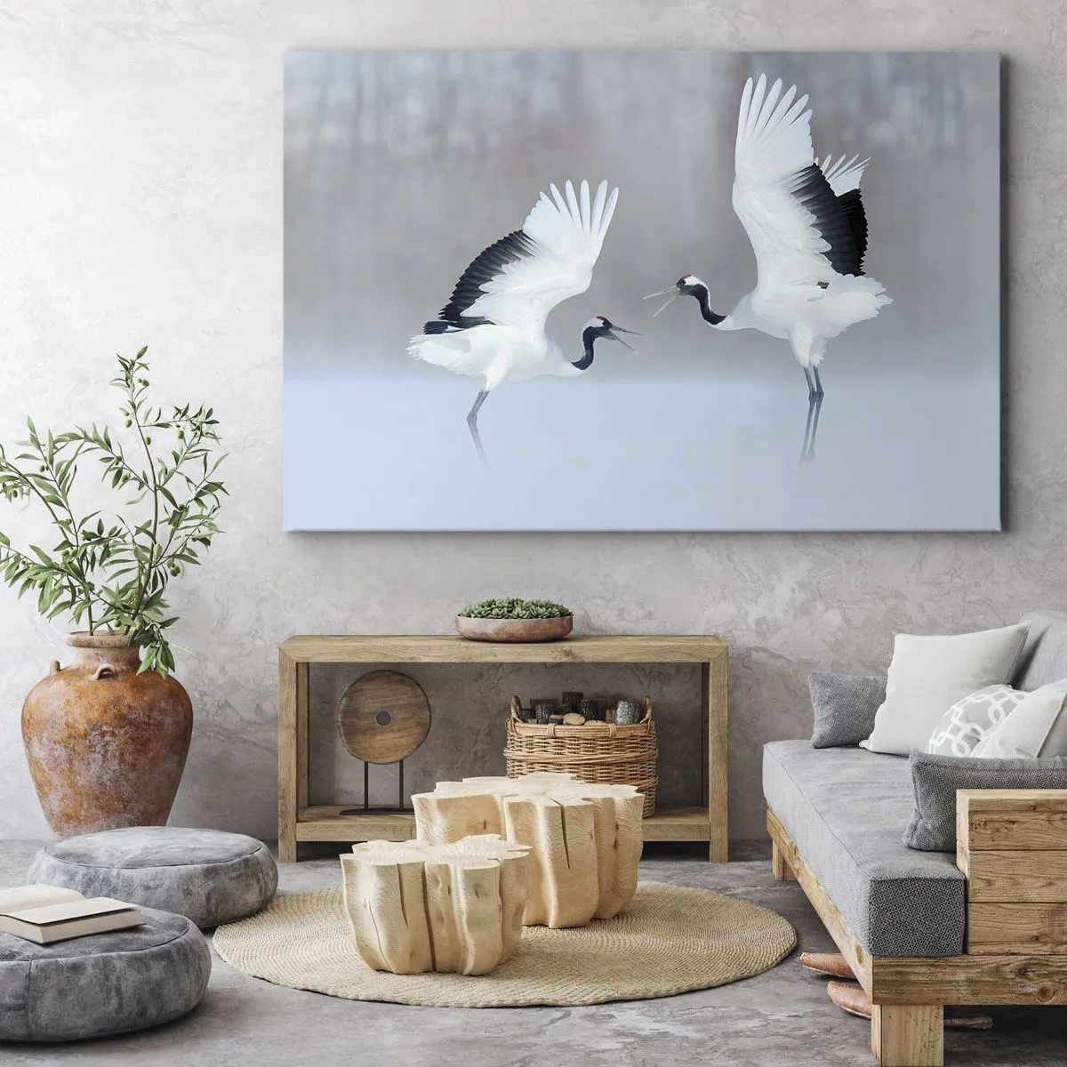 Canvas picture - Two cranes dancing in a foggy landscape - 70x50cm - Dance in the Fog - Modern wall decoration for the living room and bedroom ARTTOR
