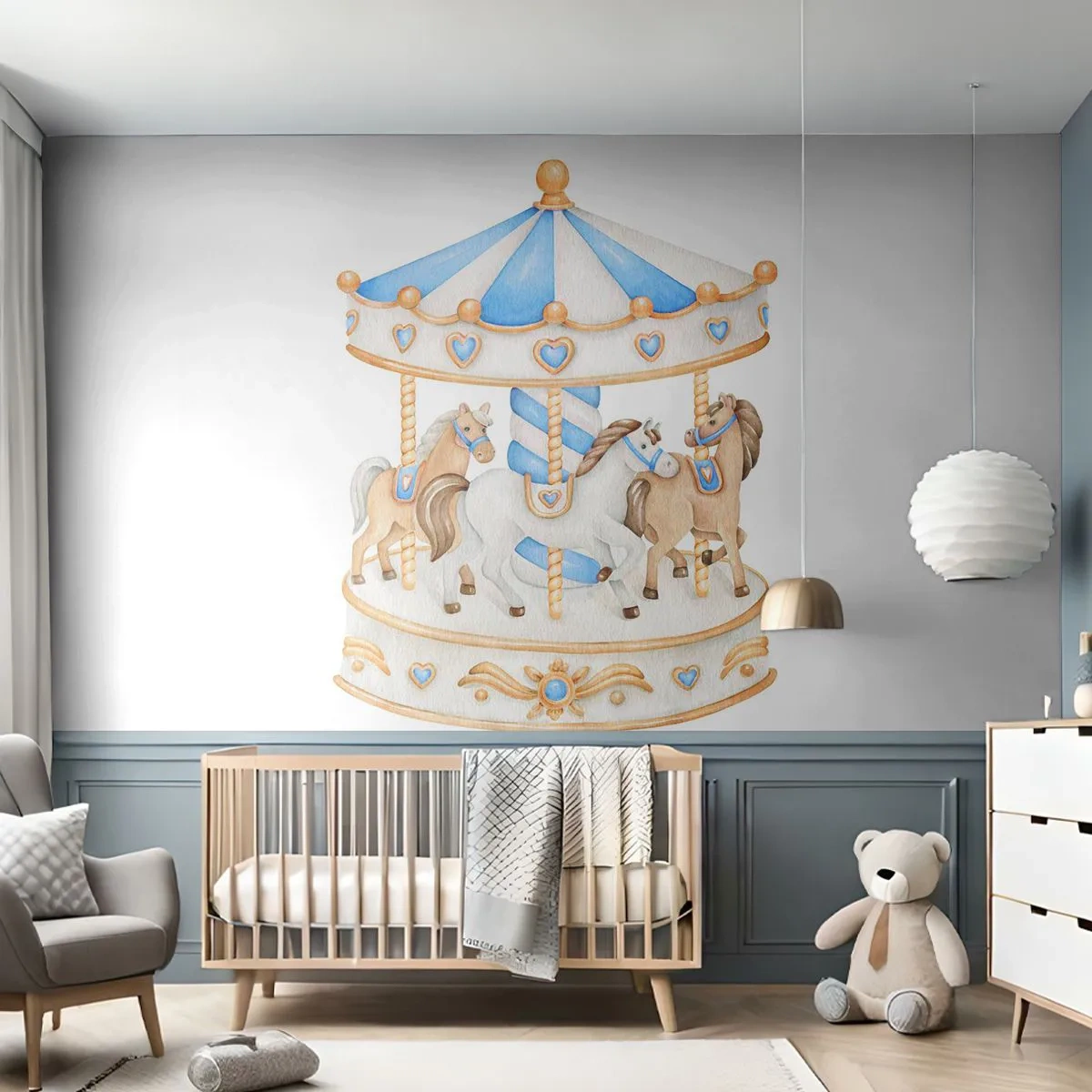 Custom Self-Adhesive Wallpaper Deluxe Sticker - Sweet Childhood - Horses, Merry-go-round, Children's