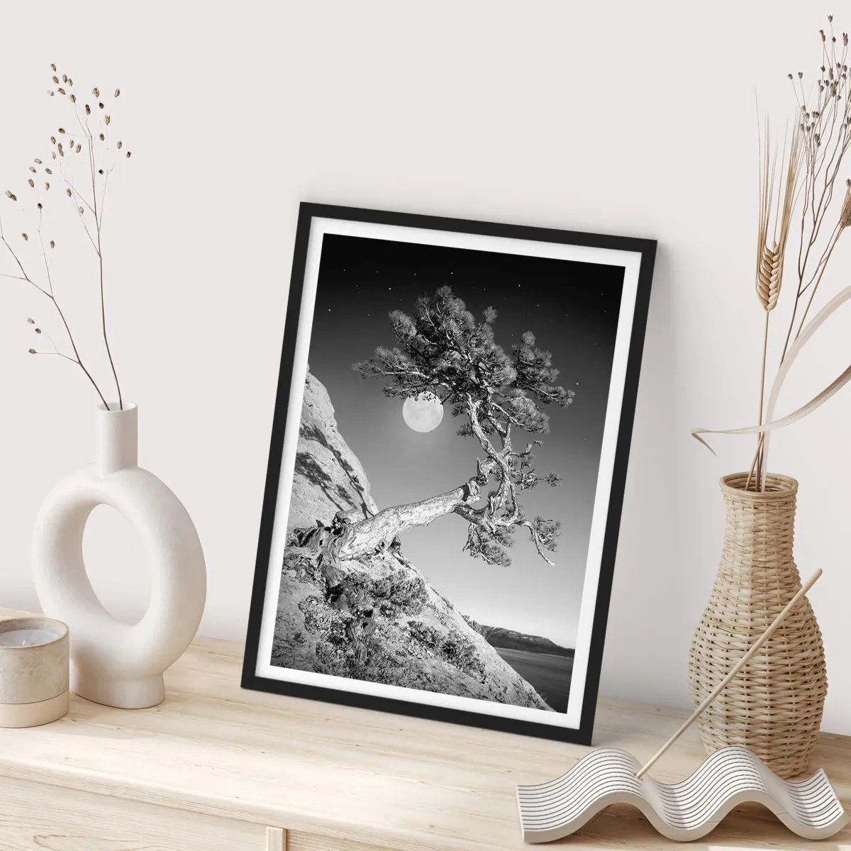 Poster in black frame - A lonely tree on a hill with a full moon in the background, a night landscape - 50x70cm - Winning Warrior - Modern wall decoration for the living room and bedroom ARTTOR