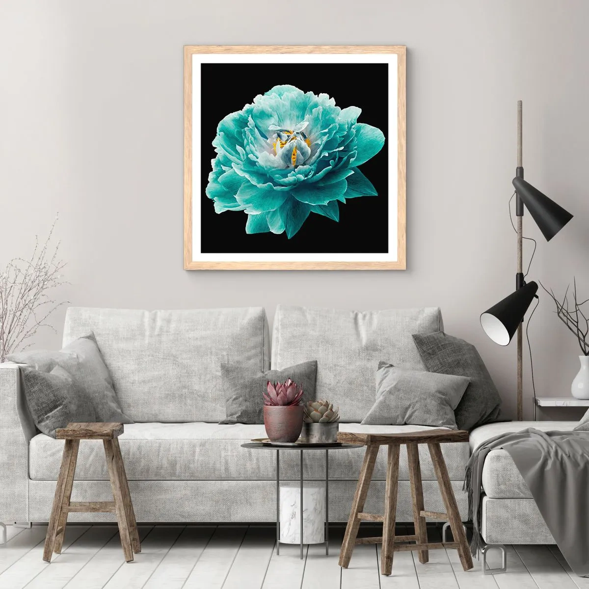 Poster in light oak frame - Blue and Gold Petals - 30x30 cm