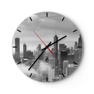 Wall clock - Clock on glass - Black and white city panorama with skyscrapers and fog - 30x30cm - American Landscape - Modern wall decoration for the living room, kitchen, and bedroom ARTTOR