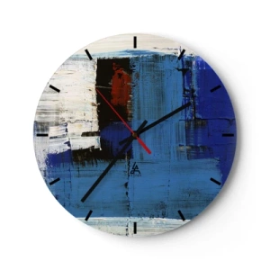 Wall clock - Clock on glass - Modern abstraction with dominant blue and accents of red. - 30x30cm - The Secret of Blue - Modern wall decoration for the living room, kitchen, and bedroom ARTTOR