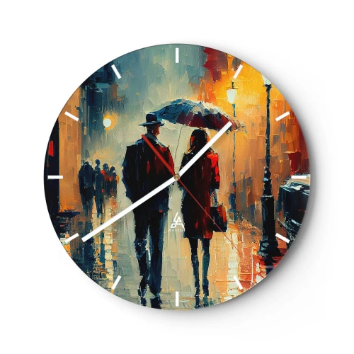 Wall clock - Clock on glass - A couple under an umbrella in an urban setting painted with palette knife - 30x30cm - Urban Love Story - Modern wall decoration for the living room, kitchen, and bedroom ARTTOR