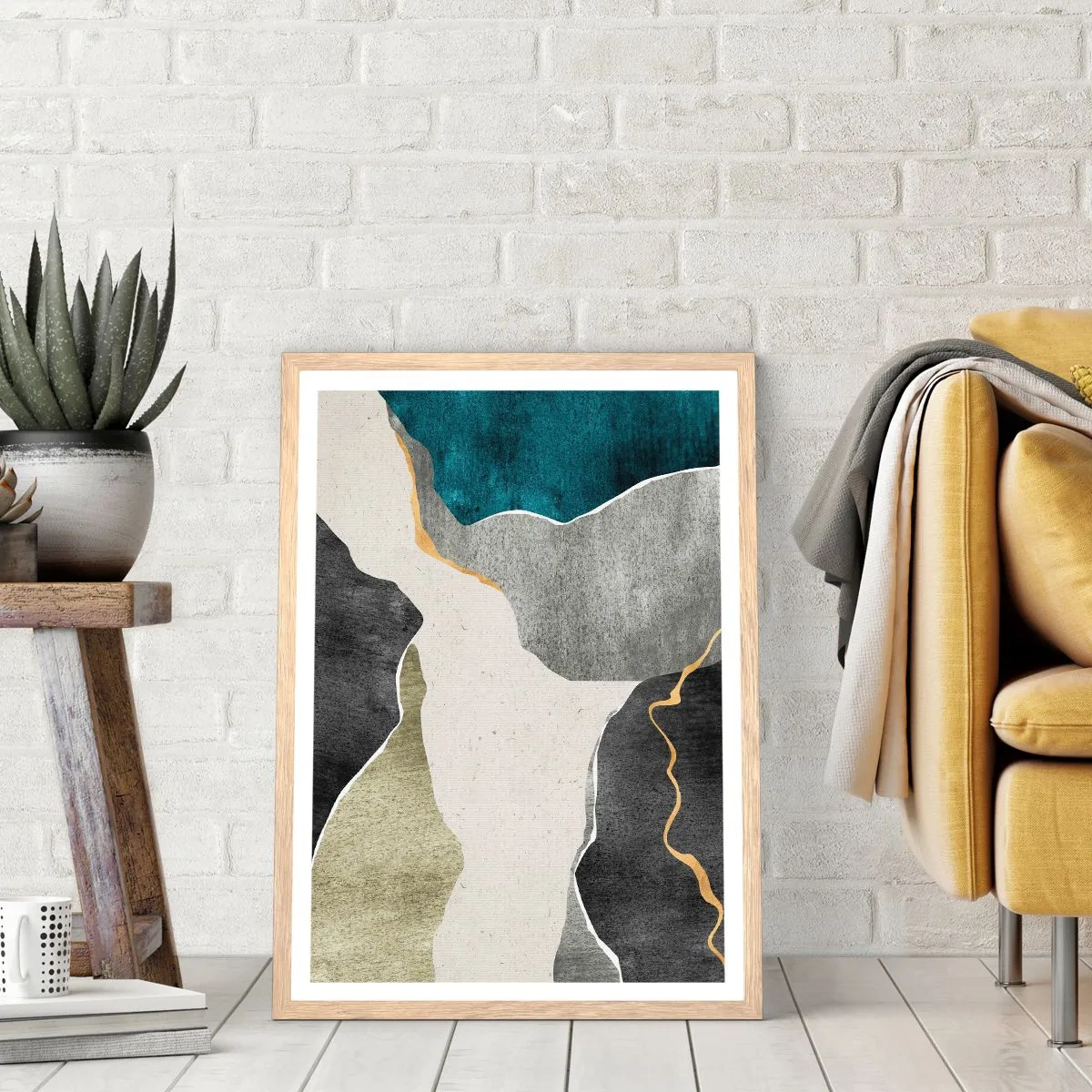 Poster in light oak frame - Mosaic Composition with a Gold Thread - 61x91 cm