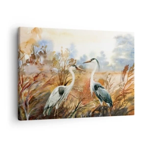 Canvas picture - Two herons against the background of an autumn landscape - 70x50cm - Where to in Autumn? - Modern wall decoration for the living room and bedroom ARTTOR
