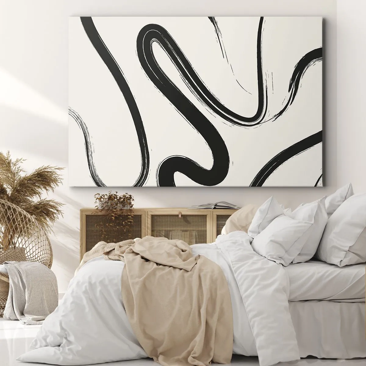 Canvas picture - Black and white curved lines on a light background - 70x50cm - Black and White Fancy - Modern wall decoration for the living room and bedroom ARTTOR