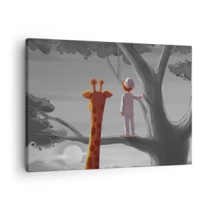 Canvas picture - A child and a giraffe on a tree branch in a fairytale landscape - 70x50cm - This Is Really Happening - Modern wall decoration for the living room and bedroom ARTTOR