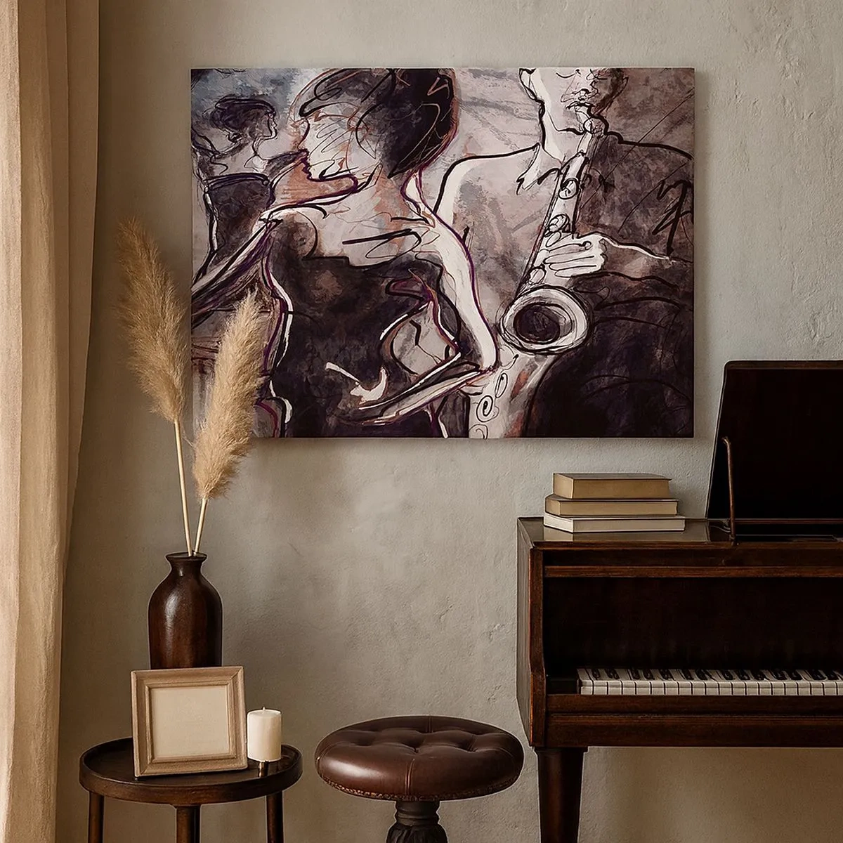 Canvas picture - Abstract jazz scene with a saxophonist and a dancing woman. - 70x50cm - Melt away in Music - Modern wall decoration for the living room and bedroom ARTTOR
