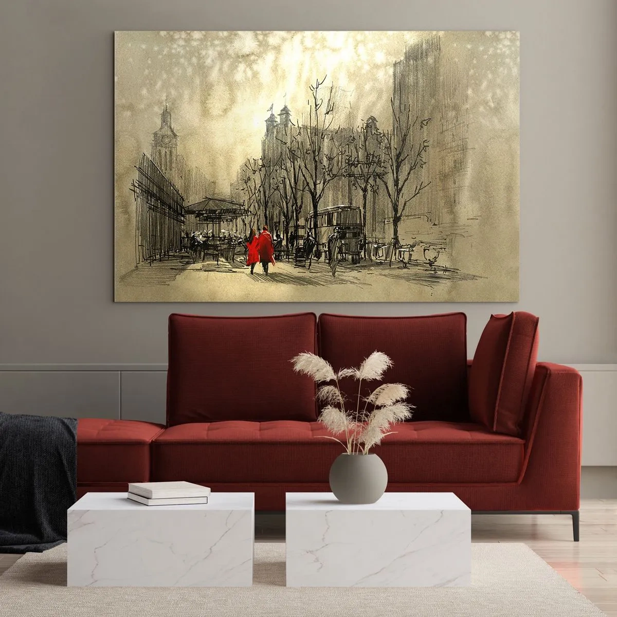 Glass picture - A Date in the London Fog with a Red Coat Accent - 70x50cm - A Date in London Fog - Modern wall decoration for the living room and bedroom ARTTOR
