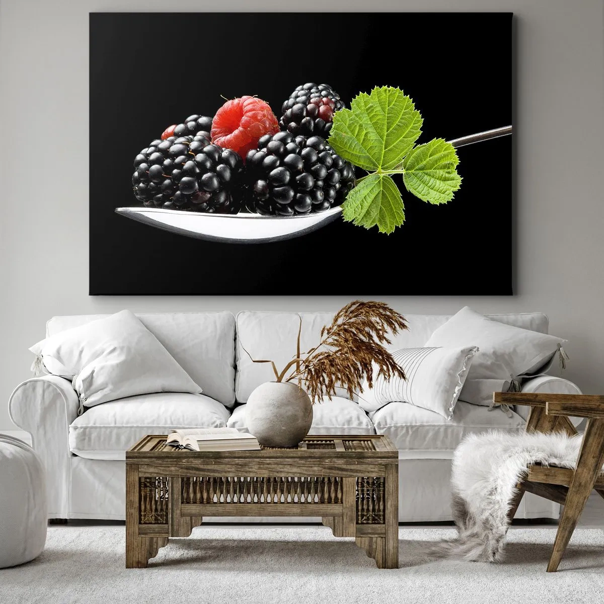 Canvas picture - Blackberries and raspberries on a spoon with a leaf on a black background - 70x50cm - Taste of Freshness - Modern wall decoration for the living room and bedroom ARTTOR