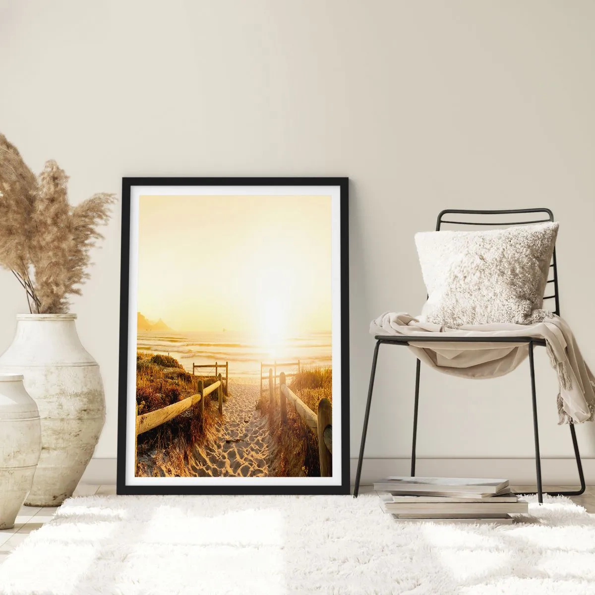 Poster in black frame - The path to the beach illuminated by the rays of the setting sun - 50x70cm - Through the Dune, Towards the Sun - Modern wall decoration for the living room and bedroom ARTTOR