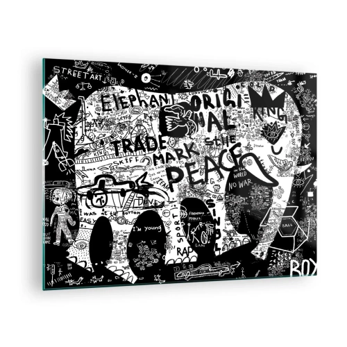 Glass picture - Black and white graffiti image with themes of peace and freedom - 70x50cm - Rich World of the Street - Modern wall decoration for the living room and bedroom ARTTOR
