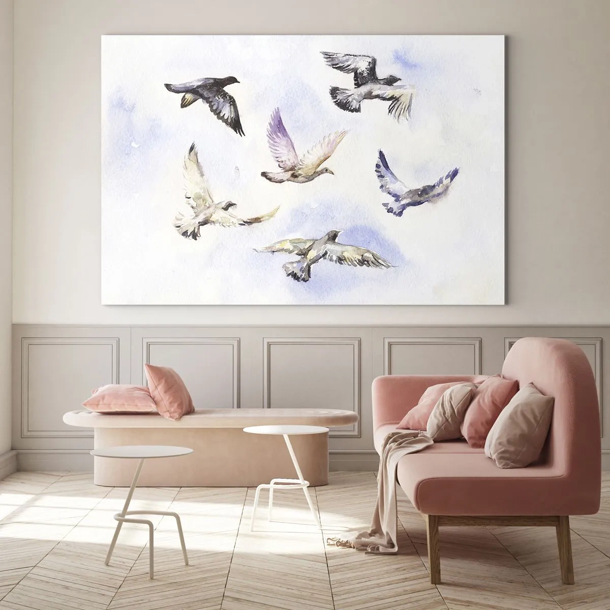 Glass picture - Birds in flight against a clear sky - 70x50cm - Freedom in Grey and Blue - Modern wall decoration for the living room and bedroom ARTTOR