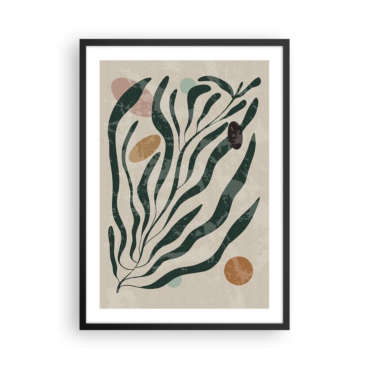 Poster in black frame - Abstract plant composition in green and beige - 50x70cm - Among the Green - Modern wall decoration for the living room and bedroom ARTTOR