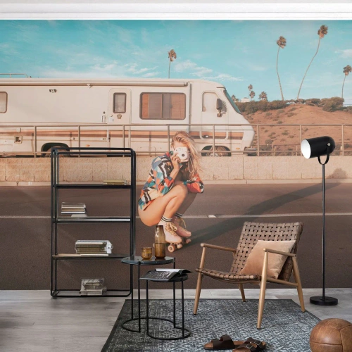 Photo Wallpaper Premium Canvas - Smile, Please! - Landscape, Camper, Woman - 250x175 cm