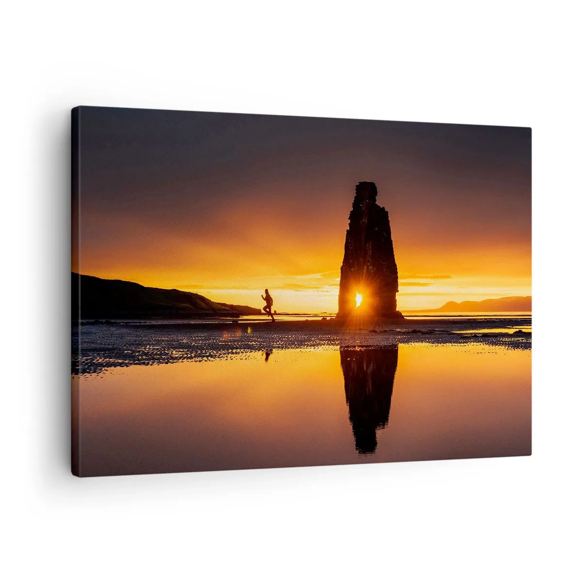 Canvas picture - Person running on beach at sunset with rock formation - 70x50cm - Only You and Nature - Modern wall decoration for the living room and bedroom ARTTOR