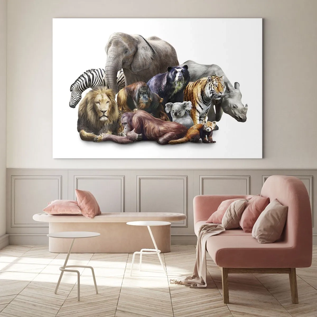 Glass picture - A group of wild animals on a white background in an artistic shot - 70x50cm - African Family Photo - Modern wall decoration for the living room and bedroom ARTTOR
