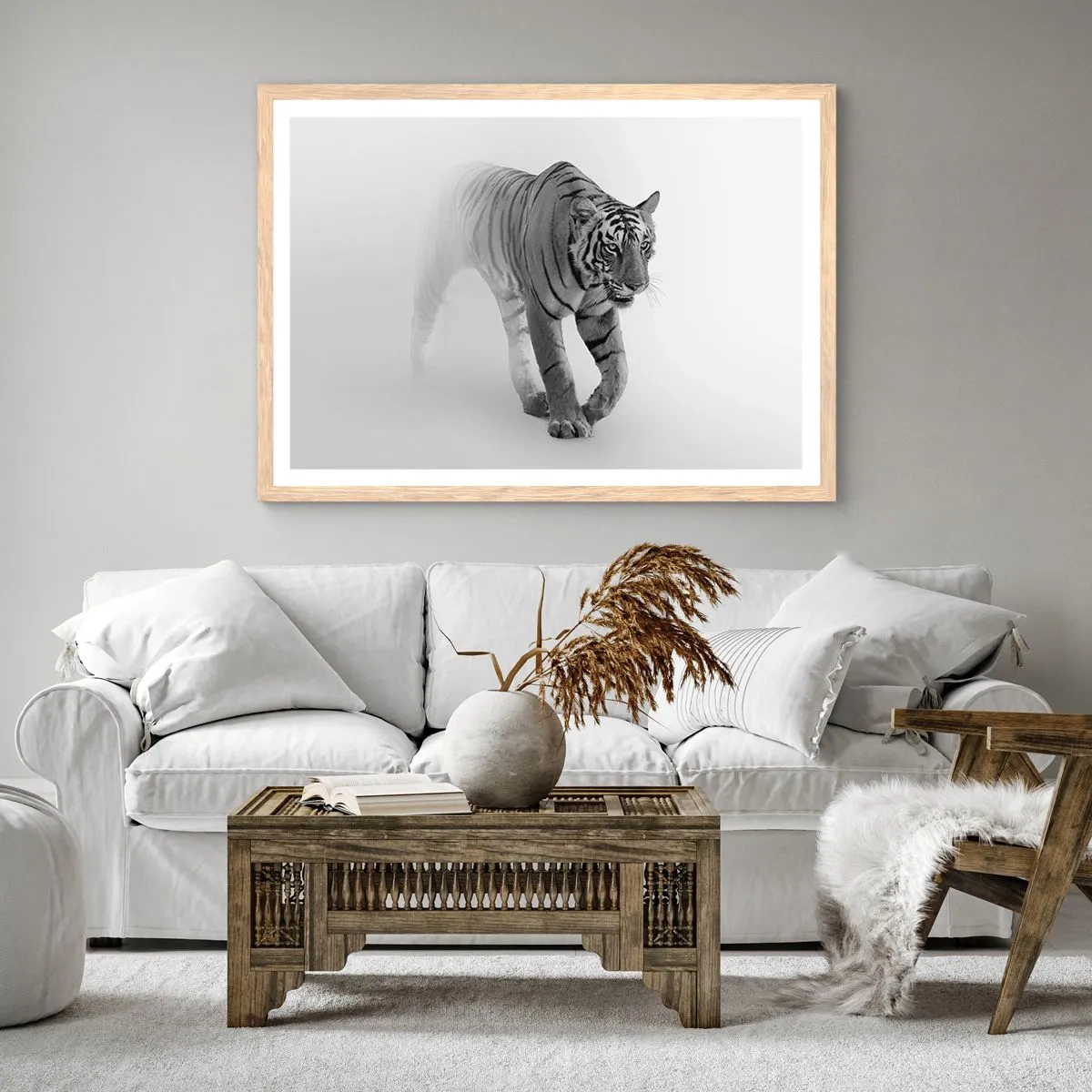 Poster in light oak frame - Crouching in Fog - 100x70 cm