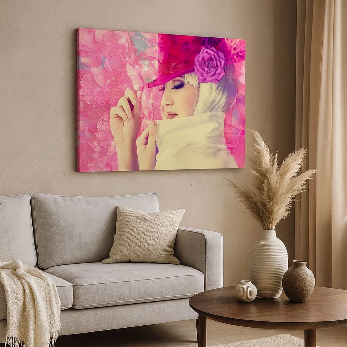 Canvas picture - Stylish woman in a pink hat with a flower - 70x50cm - Retro Portrait in Pink - Modern wall decoration for the living room and bedroom ARTTOR