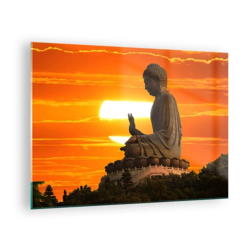 Glass picture - Buddha statue against the backdrop of the setting sun - 70x50cm - Facing the World - Modern wall decoration for the living room and bedroom ARTTOR